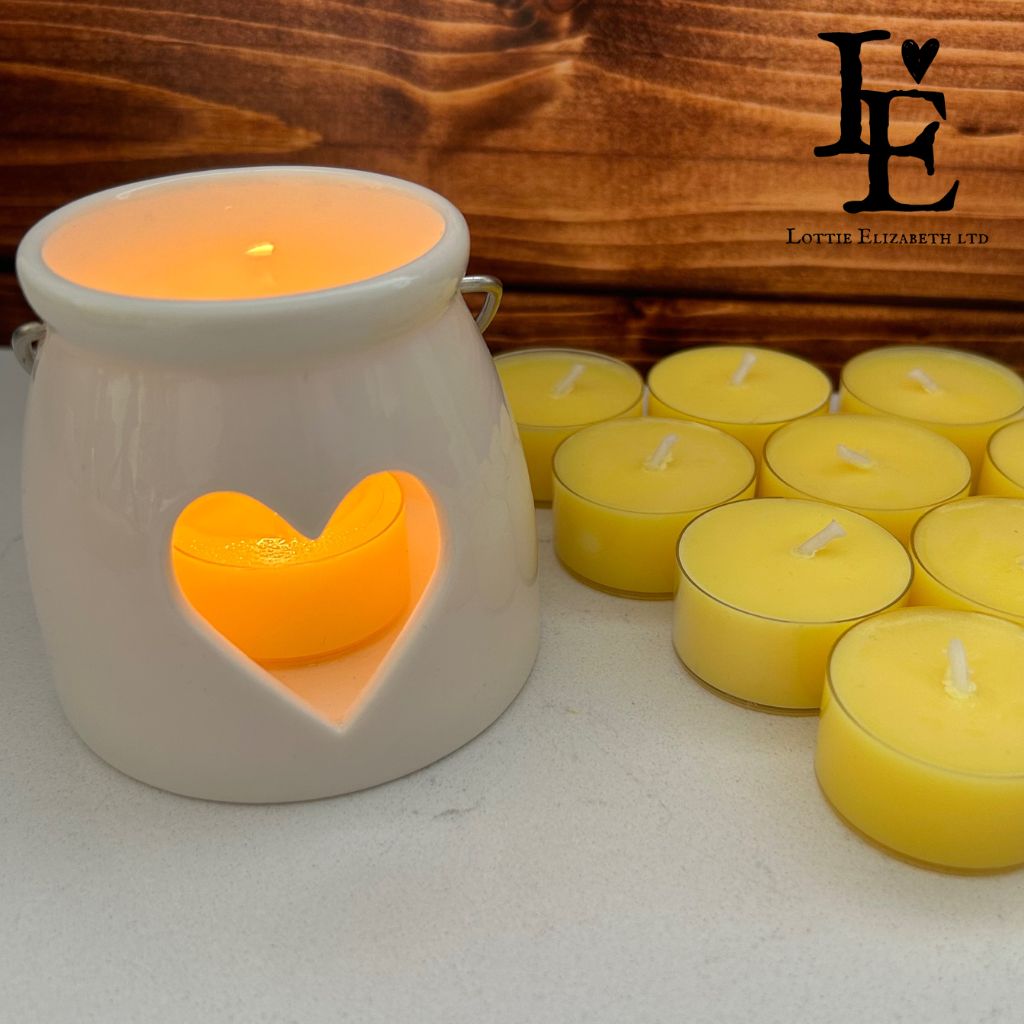 Box of 12 round yellow scented tea light candles made with soy wax. Heavenly Nectar Scented Tealight Candle | Small Candle | Lottie Elizabeth Ltd. 4Hour Burn, Gift.