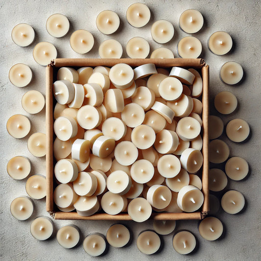 Top-down view of a box filled with natural, unscented soy wax tealights scattered in a jumbled and irregular arrangement, showcasing a casual and bulk aesthetic for eco-friendly home décor.