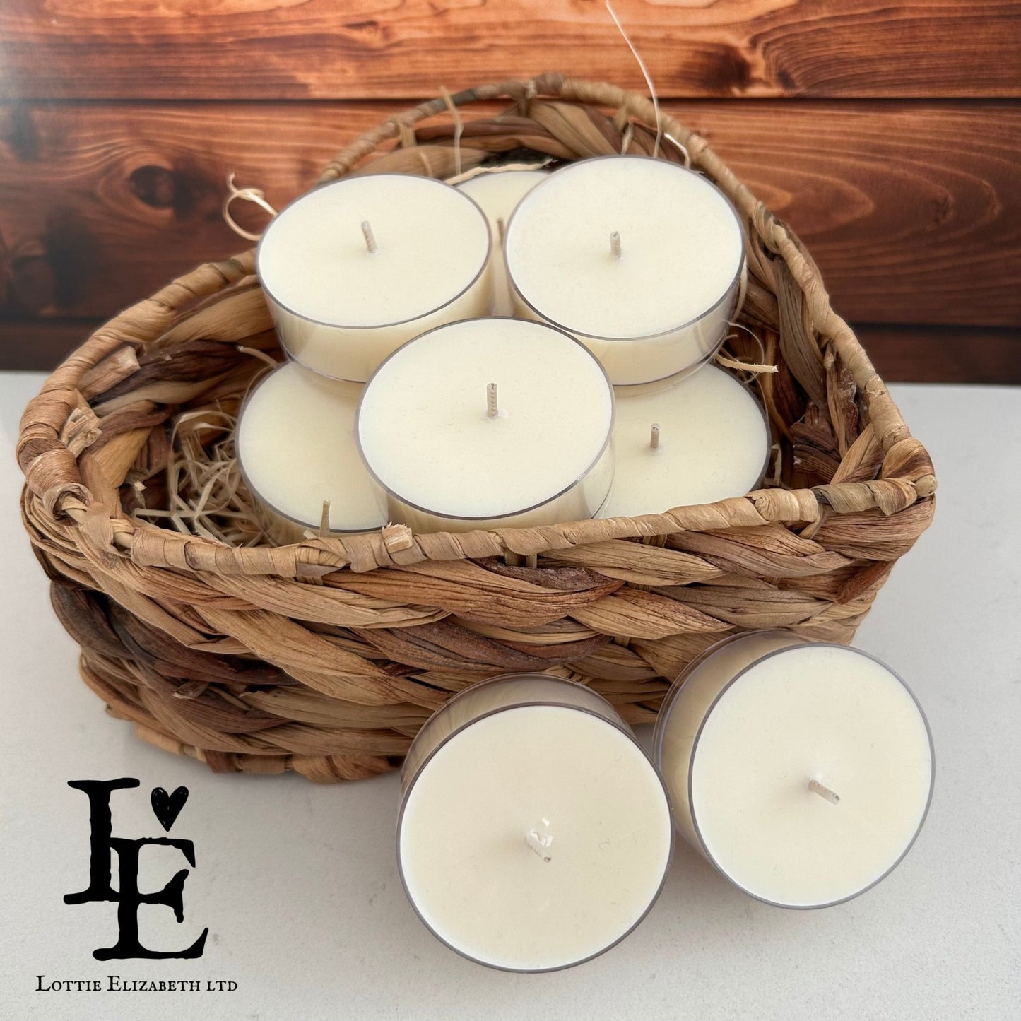 Maxi Tealights arranged in a decorative basket, made with natural soy wax for a clean burn