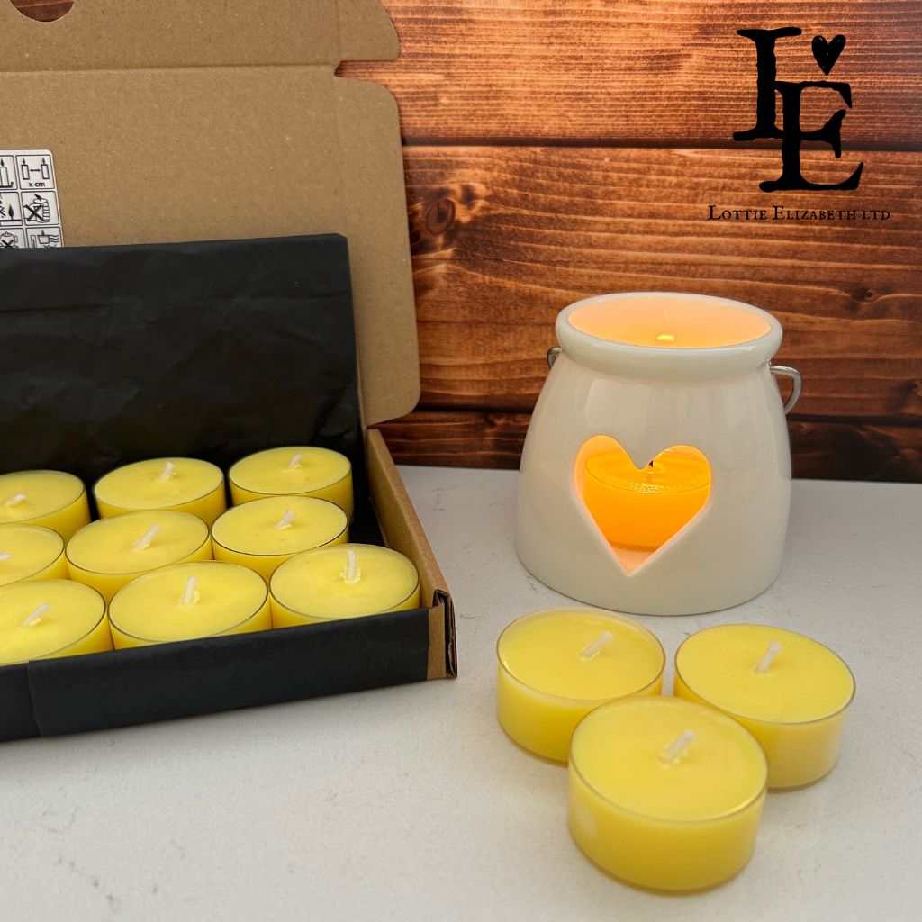 Box of 12 round yellow scented tea light candles made with soy wax. Heavenly Nectar Scented Tealight Candle | Small Candle | Lottie Elizabeth Ltd. 4Hour Burn, Gift.