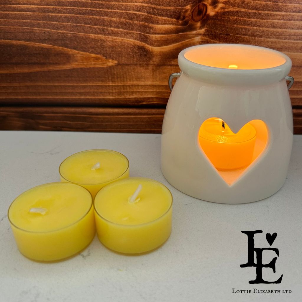 Box of 12 round yellow scented tea light candles made with soy wax. Heavenly Nectar Scented Tealight Candle | Small Candle | Lottie Elizabeth Ltd. 4Hour Burn, Gift.