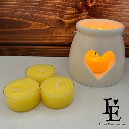 Box of 12 round yellow scented tea light candles made with soy wax. Heavenly Nectar Scented Tealight Candle | Small Candle | Lottie Elizabeth Ltd. 4Hour Burn, Gift.